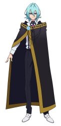 Rule 34 | 1boy, anime coloring, aqua eyes, aqua hair, belt, black cloak, black pants, blue flower, breasts, brooch, brown belt, cloak, closed mouth, collared shirt, flower, full body, hair between eyes, highres, jewelry, julius reinberg, long sleeves, looking at viewer, medium hair, official art, ono sayaka, open hand, pants, rose, shirt, shoes, simple background, smile, solo, standing, transparent background, tsue to tsurugi no wistoria, white shirt