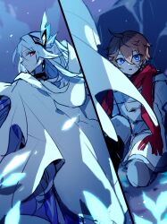 Rule 34 | 1boy, 1girl, aged down, ahoge, bandaid, bandaid on cheek, bandaid on face, blue eyes, cloak, closed mouth, coat, commentary request, crossed bangs, dirty, dirty face, double-parted bangs, expressionless, genshin impact, glowing, glowing eyes, grey pants, hair ornament, highres, hood, hood down, hooded cloak, light particles, long hair, long sleeves, looking back, night, night sky, on one knee, orange hair, outdoors, pants, parted lips, profile, ra suya, red eyes, red scarf, scarf, short hair, sideways glance, skirk (genshin impact), sky, split screen, surprised, tartaglia (genshin impact), very short hair, white cloak, white coat, white hair, winter clothes, winter coat