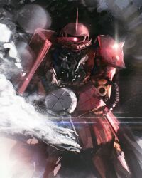absurdres advarcher commentary english_commentary glowing glowing_eyes gun gundam highres holding holding_weapon machine_gun mecha mecha_focus mobile_suit mobile_suit_gundam one-eyed robot shield shoulder_spikes smoke space spikes star_(sky) weapon zaku_ii_s_char_custom zeon
