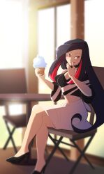 1girl alternate_costume black_hair black_shoes blurry blurry_background breasts casteliacone cleavage commission high_heels highres looking_at_viewer lucy_(pokemon) multicolored_hair nintendo pokemon pokemon_emerald pokemon_rse red_eyes red_hair shoes sitting skirt solo two-tone_hair vergolophus white_skirt