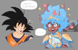 ... 1boy 1girl absurdres alternate_form amphibia anne_boonchuy armor black_hair blue_hair closed_eyes commentary crossover dark-skinned_female dark_skin diamond-shaped_pupils diamond_(shape) dougi dragon_ball english_commentary english_text feeblephrog gloves grey_background grey_shirt hair_branch highres jaw_drop leaf leaf_on_head open_mouth photo_inset pointing pointing_at_another portrait shirt shoulder_armor simple_background son_goku spiked_hair spoken_ellipsis surprised symbol-shaped_pupils white_gloves