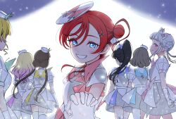 6+girls arashi_chisato backlighting black_hair blonde_hair blue_dress blunt_bangs breasts brown_hair commentary_request double_bun dress enpara_chiba female_pov gloves gradient_hair grey_dress grey_hair grin hair_between_eyes hair_bun hat hazuki_ren heanna_sumire high_ponytail highres holding_hands interlocked_fingers light_particles long_hair looking_at_viewer love_live! love_live!_superstar!! low_twintails medium_breasts multicolored_dress multicolored_hair multiple_girls official_alternate_costume onitsuka_natsumi pink_dress pink_eyes pink_hair ponytail pov pov_hands profile puffy_short_sleeves puffy_sleeves red_dress red_hair sakurakoji_kinako short_dress short_hair short_hair_with_long_locks short_sleeves sidelocks single_side_bun smile special_color_(love_live!) tang_keke twintails upper_body wakana_shiki white_background white_dress white_gloves white_hair white_hat yellow_dress yoneme_mei