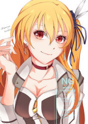 1girl alisa_reinford ameya_ameko blonde_hair breasts choker cleavage double-parted_bangs earrings eiyuu_densetsu feather_hair_ornament feathers hair_between_eyes hair_ornament high_collar highres jewelry large_breasts long_hair looking_at_viewer portrait red_eyes sen_no_kiseki sen_no_kiseki_(series) sen_no_kiseki_iii side_ponytail sidelocks simple_background smile solo upper_body white_background zipper zipper_pull_tab