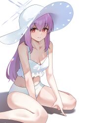 1girl absurdres atsuko_(blue_archive) atsuko_(swimsuit)_(blue_archive) bare_shoulders bikini blue_archive blush breasts cleavage closed_mouth coke0502 collarbone commentary fingernails halo hat highres long_hair looking_at_viewer navel pink_hair red_eyes simple_background smile solo stomach sun_hat swimsuit thighs white_background white_bikini white_halo white_hat