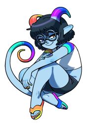 1girl aqua_nails blue_nails blue_skin colored_skin demon_girl demon_horns discount-supervillain glasses heterochromia horns multicolored_nails orange_nails original purple_nails rainbow_nails red_nails round_eyewear sandals shirt short_hair shorts smile solo tail yellow_nails