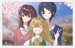 3girls arm_around_shoulder black_hair blonde_hair blue_eyes blue_sky blue_sweater blurry blurry_background border brown_eyes brown_hair cherry_blossoms closed_eyes closed_mouth day facing_viewer falling_petals floating_hair gotou_erina grin hair_ornament hairclip hand_up hrdrifter kogoori_natsumi long_hair long_sleeves looking_at_viewer multiple_girls neck_ribbon niimura_haruka one_eye_closed outdoors petals photo_(object) pink_sweater ribbon shigatsu_youka shirt sky smile sweater swept_bangs timestamp upper_body w white_border white_shirt yellow_ribbon