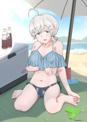 1girl absurdres ahoge arm_under_breasts artist_name beach beach_mat bikini blue_eyes blush breasts cooler fanta female_focus full_body grey_hair hair_ornament hairclip highres hill looking_at_viewer lotion medium_breasts ocean open_mouth original outdoors parasol platinum_hair ponytail savankov short_hair short_ponytail sitting sky soda soda_bottle solo sunscreen swimsuit umbrella wariza water_gun water_pistol