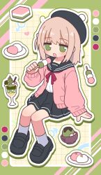 1boy black_hat black_sailor_collar black_shoes black_skirt brown_hair cardigan commentary crossdressing dango food food_request full_body green_background green_eyes green_outline hat highres holding holding_food invisible_chair long_sleeves male_focus medium_hair miniskirt naga_u one_side_up open_mouth original outline pink_cardigan pleated_skirt pom_pom_hat_ornament sailor_collar sanshoku_dango shirt shoes sitting skirt sleeves_past_wrists socks solo suama-kun_(naga_u) trap wagashi white_outline white_shirt white_socks