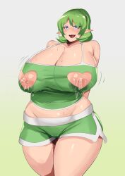 1girl absurdres ahegao blue_eyes blush breasts green_hair heart heart-shaped_pupils highres huge_breasts lactation mature_female nintendo nipples plump saria_(zelda) short_hair short_shorts shorts solo stormcow sweat symbol-shaped_pupils tank_top the_legend_of_zelda thick_thighs thighs