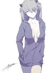 1girl breasts cleavage coat evangelion:_3.0+1.0_thrice_upon_a_time eyepatch frown hair_between_eyes hair_ornament hairclip hand_in_pocket highres jacket long_hair looking_at_viewer neon_genesis_evangelion open_clothes open_jacket rebuild_of_evangelion souryuu_asuka_langley standing