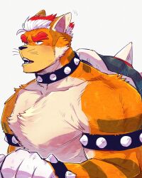 1boy absurdres alternate_hairstyle animal_ears animal_nose armlet bara bowser bracelet cat_ears cat_nose collar furry furry_male highres jewelry male_focus mario_(series) meowser motion_lines nintendo sharp_teeth simple_background solo spiked_armlet spiked_bracelet spiked_collar spiked_shell spikes super_mario_3d_world sweatdrop teeth topless_male turtle_shell whiskers white_background yowasabimechaoc