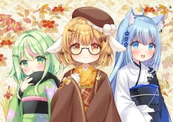 Rule 34 | 3girls, :3, ahoge, animal ear piercing, animal ears, beret, black-framed eyewear, black sash, black scarf, blonde hair, blue eyes, blue hair, blush, bow, brown bow, brown eyes, brown hat, brown sash, chestnut mouth, closed mouth, commentary request, dog ears, dog girl, earrings, floppy ears, floral background, fur scarf, glasses, green eyes, green hair, green kimono, hair bow, hair intakes, haori, hat, hinokuma ran, inaba haneru (animare), indie virtual youtuber, japanese clothes, jewelry, kimono, long hair, looking at viewer, multicolored hair, multiple girls, nanashi inc., obi, obijime, open mouth, pink hair, plaid clothes, plaid sash, pom pom hat ornament, rabbit ears, rabbit girl, sash, scarf, short hair, short hair with long locks, sidelocks, single earring, smile, souya ichika, streaked hair, upper body, usaba (usabara c), very long hair, virtual youtuber, white kimono, yellow kimono