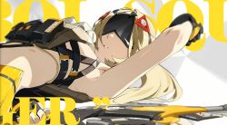 1girl absurdres arm_up armpits belt belt_pouch black_gloves blindfold blonde_hair breasts character_name covered_eyes english_text fingerless_gloves genderswap gloves gun headgear highres holding holding_gun holding_weapon long_hair lying mindscape_cinema_(zenless_zone_zero) official_art on_back parted_lips pouch rifle solo trigger_(zenless_zone_zero) upper_body weapon zenless_zone_zero