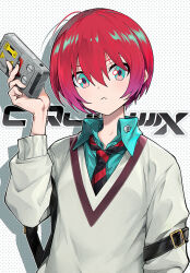 1girl :&lt; amate_yuzuriha aqua_eyes aqua_shirt black_necktie collared_shirt commentary copyright_name drop_shadow gradient_hair gundam gundam_gquuuuuux hair_between_eyes hand_up highres holding honi_(ohohoni) looking_at_viewer multicolored_hair necktie purple_hair red_hair red_necktie shirt short_hair simple_background solo striped_necktie sweater two-tone_necktie upper_body white_background white_sweater