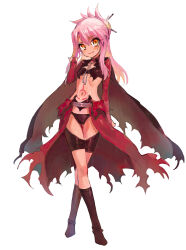 1girl absurdres black_boots black_panties blush boots breasts bridal_gauntlets cape chloe_von_einzbern chloe_von_einzbern_(archer_install) dark-skinned_female dark_skin fate/kaleid_liner_prisma_illya fate_(series) full_body hair_bun hair_ornament hairpin half_updo highres knee_boots long_hair long_sleeves looking_at_viewer navel orange_eyes panties pink_hair red_cape showgirl_skirt shrug_(clothing) sidelocks small_breasts smile solo stomach_tattoo tattoo thighs underwear youta
