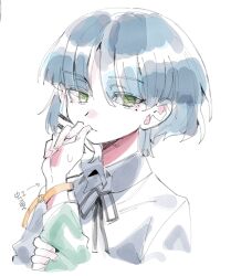 Rule 34 | 2girls, black ribbon, blue hair, bocchi the rock!, cable tie around wrist, collared shirt, commentary, green eyes, highres, holding another&#039;s wrist, ijichi nijika, looking at viewer, mole, mole under eye, multiple girls, neck ribbon, ribbon, school uniform, shimokitazawa high school uniform, shirt, short hair, sweatdrop, takao (88499191), upper body, yamada ryo, yuri