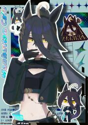 1girl ahoge animal_ears black_gloves black_jacket black_shirt bow character_name chibi chibi_inset cleavage_cutout clothing_cutout cropped_jacket cropped_shirt ear_ornament ear_ribbon gloves grey_hair hair_between_eyes hand_on_own_face hand_up high-waist_panties high_ponytail highres horse_ears horse_girl jacket long_hair long_hair_between_eyes long_sleeves manhattan_cafe_(umamusume) multicolored_hair navel open_clothes open_jacket ponytail red_ribbon ribbon shirt sign solo uma_41se umamusume very_long_hair warning_sign yellow_eyes