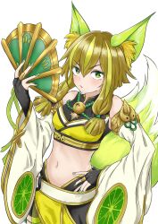 Rule 34 | 1girl, absurdres, animal ears, bare shoulders, bell, bike shorts, black bridal gauntlets, blonde hair, blush, breasts, bridal gauntlets, cleavage, commentary request, cowboy shot, crop top, detached sleeves, duel monster, fox ears, fox girl, fox tail, glowing tail, green eyes, green hair, green nails, green tail, gt majoyan, hair between eyes, hand fan, hand on own hip, highres, holding, holding fan, hu-li the jewel mikanko, looking at viewer, midriff, navel, neck bell, parted lips, pelvic curtain, short hair with long locks, sidelocks, simple background, small breasts, solo, standing, tail, white background, white sleeves, yu-gi-oh!
