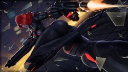 1girl absurdres black_widow building city dynamic_pose falling gun highres holding holding_weapon marvel marvel_rivals natasha_romanoff night red_hair red_lips short_hair skymedicpro skyscraper solo weapon