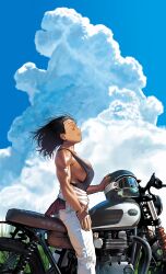 1girl absurdres arung_samudra_(cessa) black_hair black_tank_top blue_sky bracelet breasts cessa closed_eyes clothes_around_waist cloud cloudy_sky commentary dark-skinned_female dark_skin day earrings english_commentary helmet highres jewelry large_breasts motor_vehicle motorcycle muscular muscular_female no_bra ombok_diving_and_delivery_services original pants shiny_skin short_hair sideboob sky solo straddling tank_top unworn_headwear unworn_helmet very_dark_skin white_pants wind