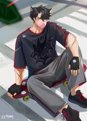 Rule 34 | 1boy, absurdres, black hair, black shirt, black shoes, blue eyes, chewing gum, earrings, eltdoa, fingerless gloves, genshin impact, gloves, grey hair, grey pants, hair between eyes, highres, jewelry, male focus, multicolored hair, multicolored shirt, pants, road, scar, scar on arm, scar on neck, shirt, shoes, short hair, short sleeves, skateboard, sneakers, solo, streaked hair, street, wriothesley (genshin impact)