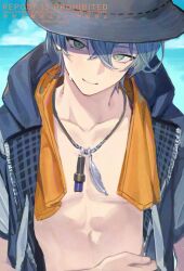 Rule 34 | 1boy, abs, black hat, blue hair, blue sky, blush, bucket hat, closed mouth, crossed bangs, day, green eyes, hair between eyes, hat, jacket, jewelry, looking at viewer, male focus, necklace, nutschan24, open clothes, open jacket, outdoors, shorts, sky, solo, upper body, water, wise (peaceful waves) (zenless zone zero), wise (zenless zone zero), zenless zone zero