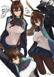 ^_^ aged_up alternate_breast_size amiya_(arknights) arknights arms_behind_head black_jacket blue_eyes blue_skirt breasts brown_hair brown_pantyhose closed_eyes doctor_(arknights) jacket jewelry kajuu kal&#039;tsit_(arknights) large_breasts pantyhose rabbit_ears rabbit_girl ring shield_module skirt stretching