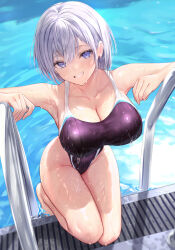 1girl armpits blush breasts cleavage collarbone commentary grey_hair grin hair_between_eyes haishiki hands_up highres kneeling large_breasts long_bangs looking_at_viewer medium_hair one-piece_swimsuit original pool poolside purple_eyes purple_one-piece_swimsuit railing shadow smile solo swimsuit symbol-only_commentary variant_set water wet wet_clothes wet_hair wet_swimsuit