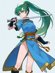 1girl blue_dress breasts closed_mouth dress earrings fingerless_gloves fire_emblem fire_emblem:_the_blazing_blade gloves green_eyes green_hair high_ponytail highres holding holding_sword holding_weapon jewelry long_hair lyn_(fire_emblem) medium_breasts nintendo pelvic_curtain ponytail rope_belt side_slit simple_background solo sword very_long_hair weapon yuurururun
