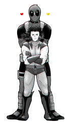 2boys animification arm_hair belt bodysuit boots closed_mouth collarbone commentary_request crossed_arms deadpool deadpool_(series) doghooouse facial_hair full_body gloves heart height_difference highres large_pectorals looking_at_viewer male_focus marvel mask monochrome multiple_boys muscular muscular_male pectorals short_hair size_difference standing superhero_costume wolverine_(x-men) x-men yaoi