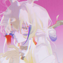 Rule 34 | 1girl, arknights, bare shoulders, blonde hair, candle, chinese commentary, chromatic aberration, closed mouth, colored extremities, commentary request, earrings, fire, hair between eyes, highres, holding, holding candle, jewelry, long hair, looking at viewer, multicolored hair, necklace, off shoulder, pink background, pointy ears, purple hair, shu (arknights), smoke, solo, staring, surreal, upper body, uuo1 (faraway34878), white eyes, white hair
