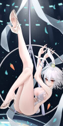 1girl absurdres aichinaigai animal_ears azur_lane fake_animal_ears feet glass_slipper highres leotard light_blush looking_at_viewer medium_hair pole_dancing rabbit_ears red_eyes sirius_(azur_lane) smile soles white_hair