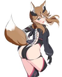 1girl absurdres alice_gear_aegis animal_ear_fluff animal_ears ass black_gloves blue_eyes blush brown_hair cropped_legs fang fox_ears fox_girl fox_tail gloves haruwo0096 highres jacket kotomura_akane leotard long_hair long_sleeves looking_at_viewer looking_back open_mouth simple_background solo tail thighhighs twintails white_background