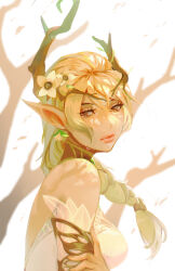 1girl absurdres afk_(series) afk_journey artist_name ayzhart bare_shoulders blonde_hair blurry blurry_background braid branch breasts closed_mouth crying crying_with_eyes_open detached_sleeves dress elf flower from_side hair_flower hair_ornament hair_tie hand_on_own_arm headpiece highres long_hair looking_at_viewer parisa_(afk) pointy_ears sad side_braid solo tears upper_body white_flower