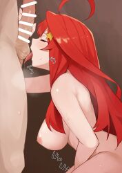 Rule 34 | 1boy, 1girl, ahoge, amog, breasts, closed eyes, commentary request, completely nude, female masturbation, go-toubun no hanayome, hair ornament, hetero, highres, implied masturbation, large breasts, licking, licking testicle, long hair, masturbation, nakano itsuki, nipples, nude, oral, paid reward available, penis, red hair, saliva, sideboob, simple background, star (symbol), star hair ornament, testicles, tongue, tongue out