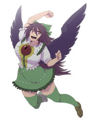 Rule 34 | 1girl, :d, arm up, asymmetrical footwear, black wings, bow, breasts, brown hair, clenched hands, collared shirt, commentary request, frilled shirt, frilled shirt collar, frilled skirt, frilled sleeves, frills, full body, green bow, green skirt, green thighhighs, hair bow, hand up, hanemikakko, large breasts, long hair, looking at viewer, mismatched footwear, open mouth, plant, puffy short sleeves, puffy sleeves, red eyes, reiuji utsuho, shirt, short hair, short sleeves, simple background, skirt, smile, solo, thighhighs, touhou, vines, white background, wing collar, wings, zettai ryouiki