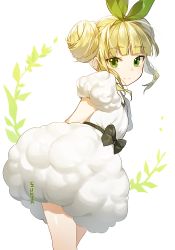 1girl alt_hauz americano_exodus arms_behind_back artist_name black_bow bow closed_mouth cowboy_shot double_bun dress female_focus foreshortening green_eyes green_ribbon hair_bun hair_ribbon leaning_forward looking_at_viewer puffy_dress puffy_short_sleeves puffy_sleeves ribbon short_hair short_sleeves sidelocks simple_background smile solo standing sukja tsurime white_background white_dress
