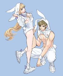 1boy 1girl abs alternate_costume animal_ear_hood animal_ears blonde_hair blue_background commentary cropped_jacket fake_animal_ears fake_tail full_body hood hoodie jacket kurokawa_karasu leotard link long_hair muscular muscular_male nintendo pants playboy_bunny pointy_ears princess_zelda rabbit_ears shoes short_hair simple_background squatting symbol-only_commentary tail the_legend_of_zelda the_legend_of_zelda:_skyward_sword white_hoodie white_jacket white_leotard white_pants white_shoes
