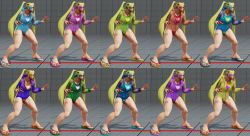 1girl 3d alternate_color alternate_costume blonde_hair capcom domino_mask fighting_stance highres hood hoodie mask one-piece_swimsuit rainbow_mika sandals see-through_clothes street_fighter street_fighter_v swimsuit swimsuit_under_clothes twintails variations
