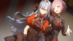 absurdres amoris_(bang_dream!) angry ascot bang_dream! bang_dream!_it&#039;s_mygo!!!!! bead_necklace beads black_ascot black_corset black_gloves black_shirt blue_brooch blue_hair breasts chinese_commentary commentary_request corset cowboy_shot furrowed_brow glaring gloves hair_ribbon hand_on_another&#039;s_shoulder highres holding holding_mask jewelry long_hair long_sleeves looking_at_another looking_at_viewer mask medium_breasts necklace oblivionis_(bang_dream!) open_mouth purple_eyes purple_hair red_shirt ribbon shirt short_hair sidelocks standing tianwen_tai togawa_sakiko yellow_eyes yuutenji_nyamu