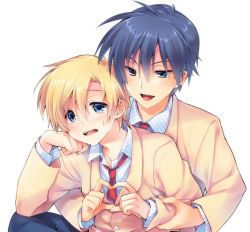 Rule 34 | 2boys, four-finger heart hands, blazer, blonde hair, blue eyes, blue hair, clannad, heart, heart hands, jacket, multiple boys, necktie, okazaki tomoya, open mouth, red necktie, satomi yoshitaka, school uniform, simple background, sitting, sunohara youhei, white background