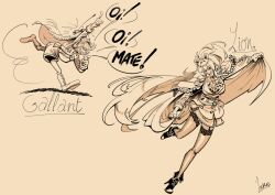 Rule 34 | absurdres, aiguillette, azur lane, cape, character name, english text, full body, gallant (azur lane), hat, high heels, highres, lace, lace-trimmed thighhighs, lace trim, lion (azur lane), lockuspockus, military uniform, monochrome, police, police hat, police uniform, running, shouting, signature, simple background, thighhighs, western comics (style)