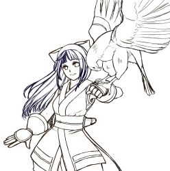 1girl ainu_clothes arm_up breasts fingerless_gloves gloves hair_ribbon highres legs long_hair looking_at_viewer mamahaha medium_breasts monochrome nakoruru pants parted_lips ribbon samurai_spirits sketch smile snk the_king_of_fighters the_king_of_fighters_xv thighs weapon