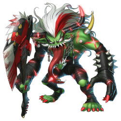 Rule 34 | 1boy, bandages, digimon, digimon (creature), horns, male focus, official art, orgemon, orgemon x-antibody, sharp teeth, solo, teeth