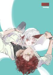 1boy 1girl highres long_hair lying lying_on_another lying_on_person on_back open_clothes original qyzhiaiyisheng red_eyes red_hair shirt short_hair watch white_hair yellow_eyes