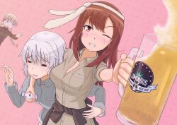 3girls aila_paivikki_linnamaa alcohol beer blonde_hair blue_eyes blue_jacket braid breasts brown_hair closed_eyes emblem grace_maitland_steward green_jacket hairband holding holding_jar jacket jar keicha_(kmoekaki) luminous_witches lyudmila_andreyevna_ruslanova medium_breasts military military_uniform multiple_girls one_eye_closed open_mouth red_hair shirt short_hair simple_background standing sweat twin_braids white_hair world_witches_series