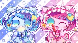 Rule 34 | 2girls, ;d, absurdres, animal ears, aqua eyes, aqua hair, blue background, blue eyes, blue hair, blue hairband, blue jacket, blue ribbon, blue skin, bow, buttons, cat ears, collared jacket, colored skin, cotton candy, covered mouth, crescent, diagonal-striped background, food, frilled hairband, frills, fruit, gradient background, hair bow, hair ornament, hairband, hairpods, hashtag-only commentary, heart, heart hair ornament, heart tail, heterochromia, highres, holding, holding cotton candy, holding food, jacket, letter hair ornament, long sleeves, looking at viewer, mochiko bittoyo, multicolored eyes, multicolored hair, multiple girls, no pupils, noose, one eye closed, open mouth, outline, pill, pink background, pink hair, pink hairband, pink jacket, pink skin, poyoroid, red ribbon, ribbon, short hair, simple background, smile, sparkle, standing, star (symbol), star hair ornament, strawberry, streaked hair, striped background, sweatdrop, swept bangs, tail, tongue, two-tone eyes, two-tone hair, two side up, upper body, utau, v, white background, white outline, yellow bow, yellow eyes, yellow tail
