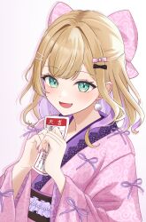 1girl absurdres blonde_hair bow colored_inner_hair double-parted_bangs earrings fang green_eyes hair_bow hair_intakes highres holding_omikuji japanese_clothes jewelry kimono kurumi_noah lace lace-trimmed_kimono lace_trim medium_hair multicolored_hair omikuji open_mouth pink_kimono pom_pom_(clothes) pom_pom_earrings portrait purple_hair purple_nails simple_background solo two-tone_hair virtual_youtuber vspo! white_background wide_sleeves ysnhryk