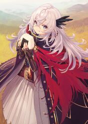 Rule 34 | 1girl, armor, belt, belt buckle, black coat, blue eyes, bright pupils, brown belt, buckle, buttons, cape, closed mouth, coat, eating, fate/grand order, fate (series), feather hair ornament, feathers, feet out of frame, fingerless gloves, food, game cg, gloves, grey gloves, hair between eyes, hair ornament, hakama, hakama skirt, hands up, high collar, holding, holding food, japanese armor, japanese clothes, kote, kurokote, long hair, looking at viewer, looking to the side, official art, onigiri, open clothes, open coat, red cape, saika magoichi (fate), shirabi, sidelocks, skirt, solo, third-party source, torn cape, torn clothes, wavy mouth, white hair, white hakama, white pupils