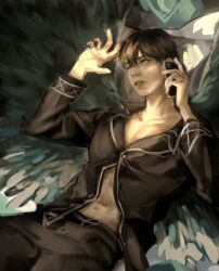 1girl abs belt black_wings breasts brown_coat brown_eyes brown_hair claw_pose cleavage coat cowboy_shot feathered_wings genderswap genderswap_(mtf) hair_between_eyes head_on_pillow highres holding holding_phone kim_dokja leaning_back lying macaronijail omniscient_reader&#039;s_viewpoint on_back one_eye_closed partially_unbuttoned phone pillow short_hair solo stomach wings